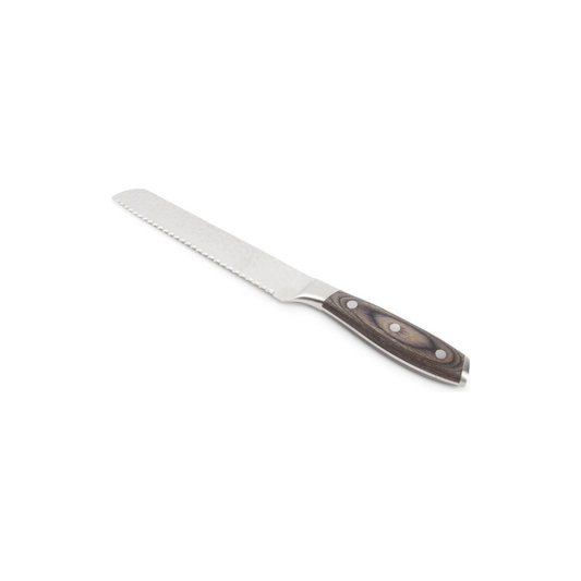 Serrated bread knife with wooden handle on a white background